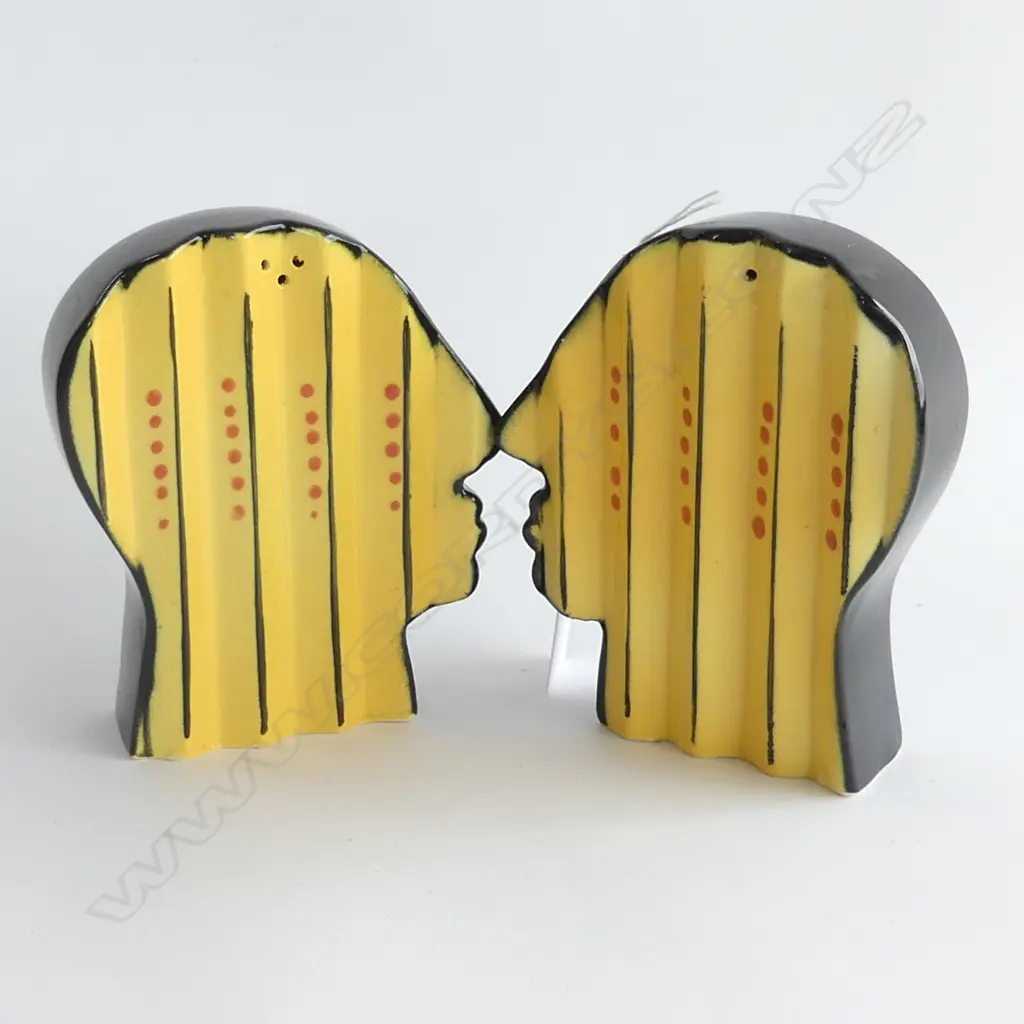 BRENDAN ADAMS (NZ) POTTERY BLUE & YELLOW HEAD SHAPED S&P SHAKERS H. 122MM Image 1++