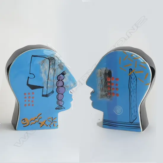 BRENDAN ADAMS (NZ) POTTERY BLUE & YELLOW HEAD SHAPED S&P SHAKERS H. 122MM