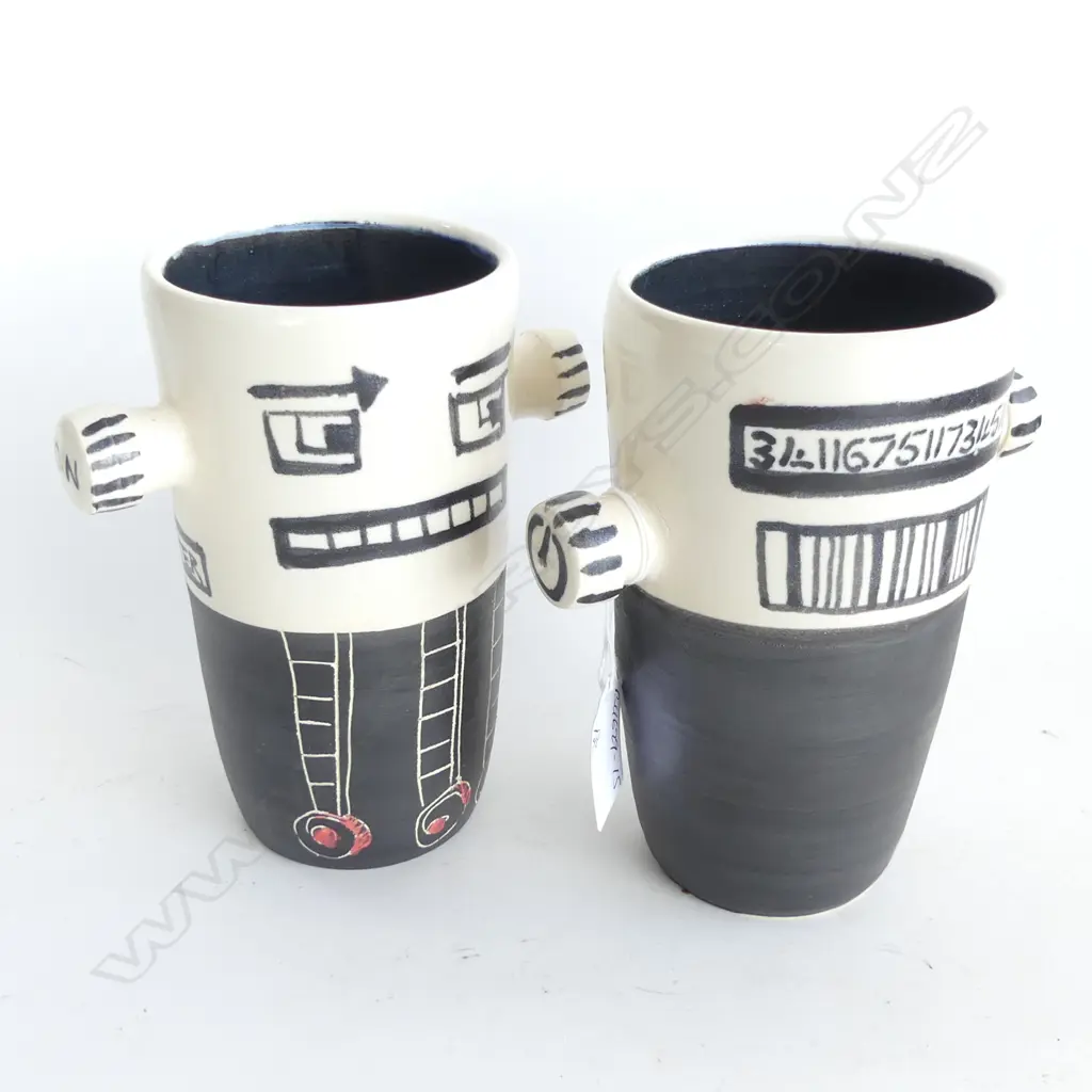 2 POTTERY MUGS BY J.M. RAIL AUCKLAND Image 1++