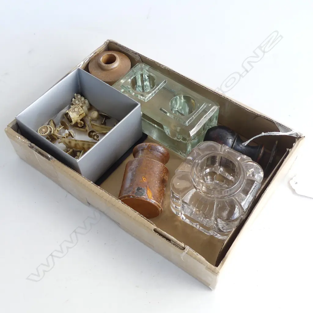SMALL BOX OF INKWELLS, BOTTLES, STAMP & MINIATURE FAUX IVORY CHINESE FIGURES Image 1++