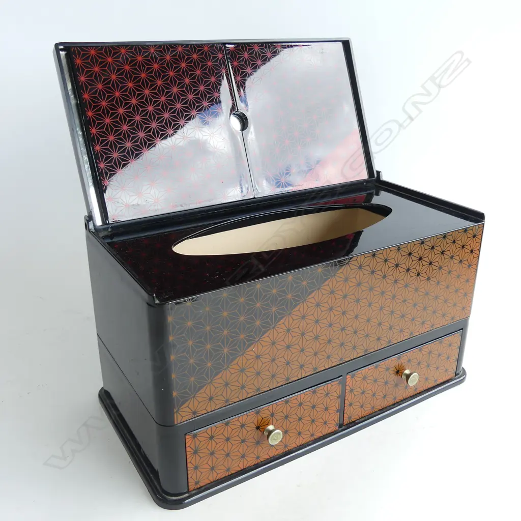 BLACK LAQUERED MAKEUP BOX WITH MIRRORS & 2 DRAWERS Image 1++