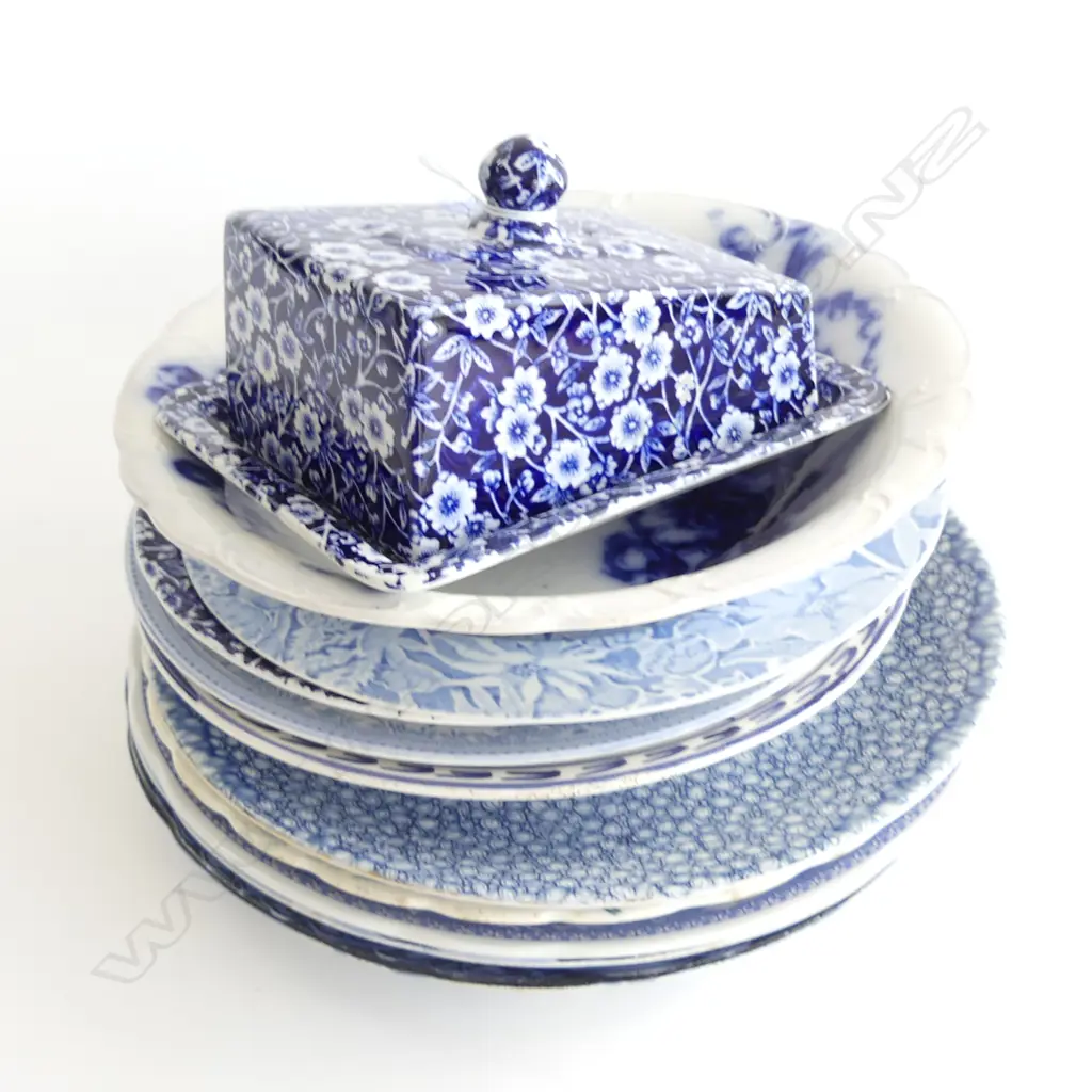 9 ASST. B/W PLATES + BOWL 245mm & CALICO LIDDED BUTTER DISH Image 1++