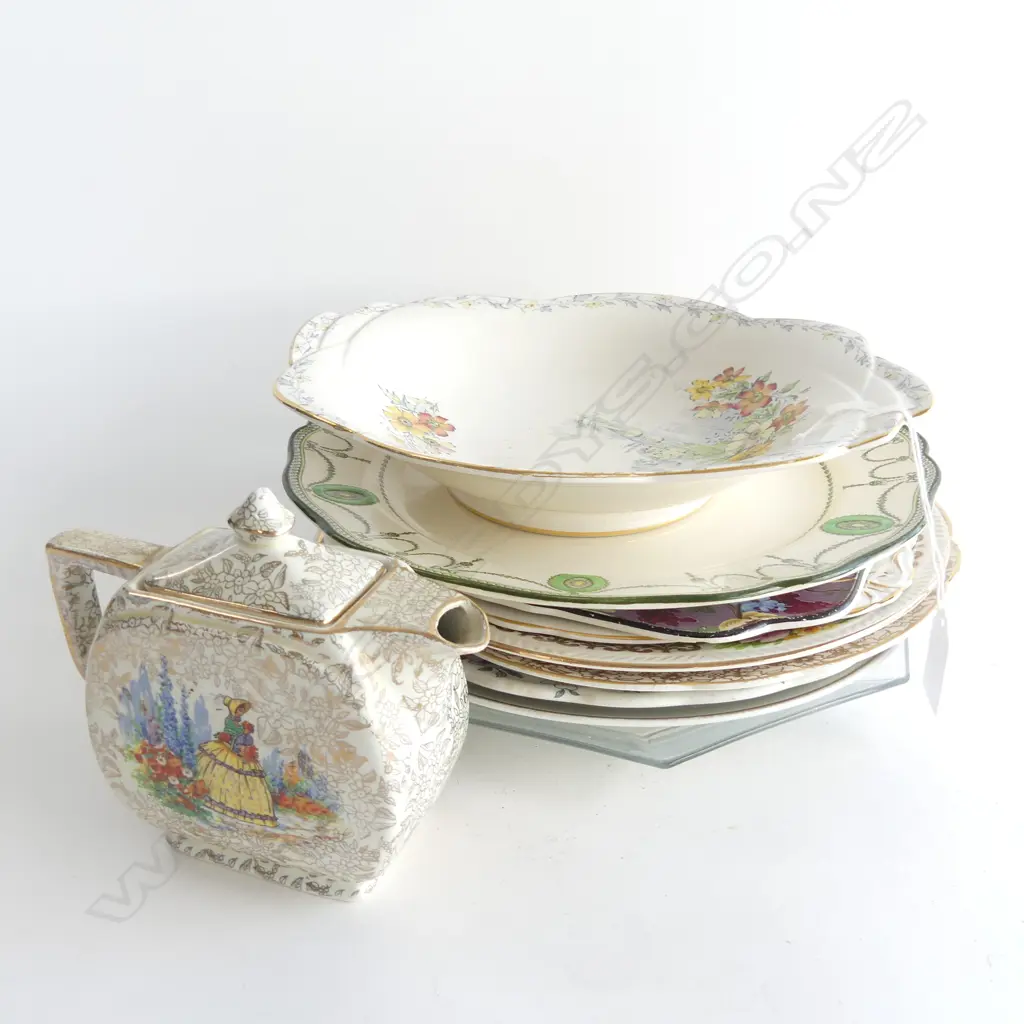 STACK PLATES INCL ROYAL DOULTON 'COUNTESS', RADFORD AOF + EMPIRE CRINOLINE LADY SM TEAPOT  Image 1++