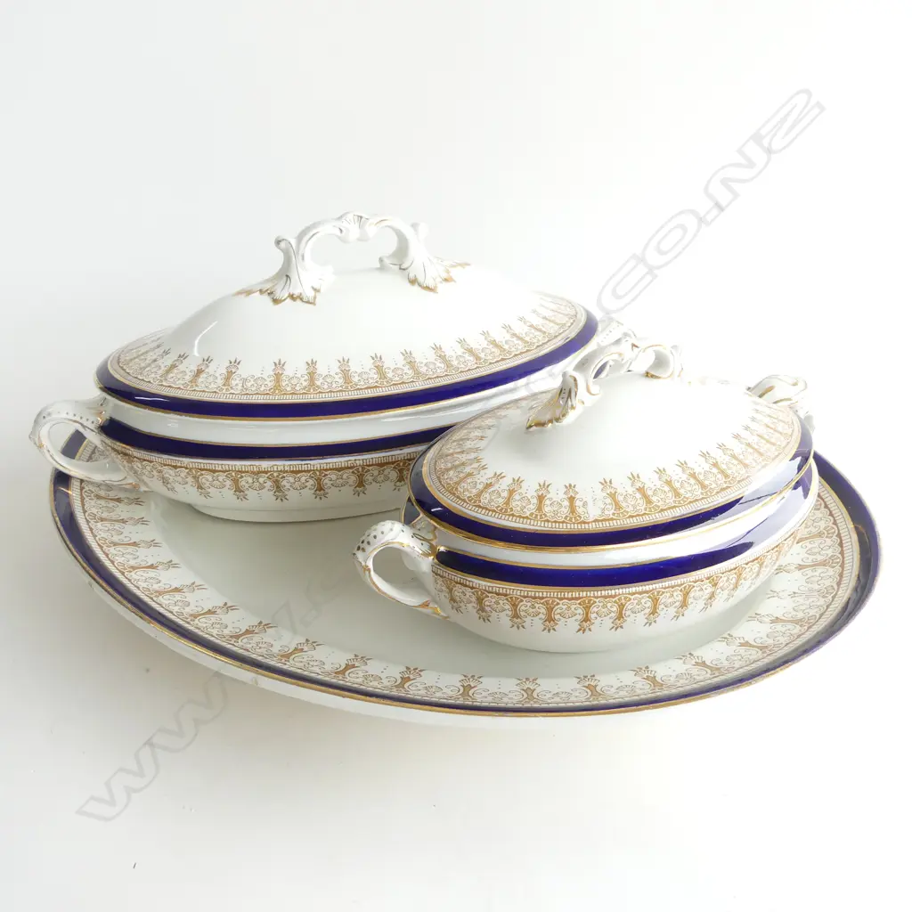 WEDGWOOD BLUE & GILT PATTERN ASHET (L 400MM) & LIDDED TUREEN & SAUCE DISH WITH LADLE  Image 1++