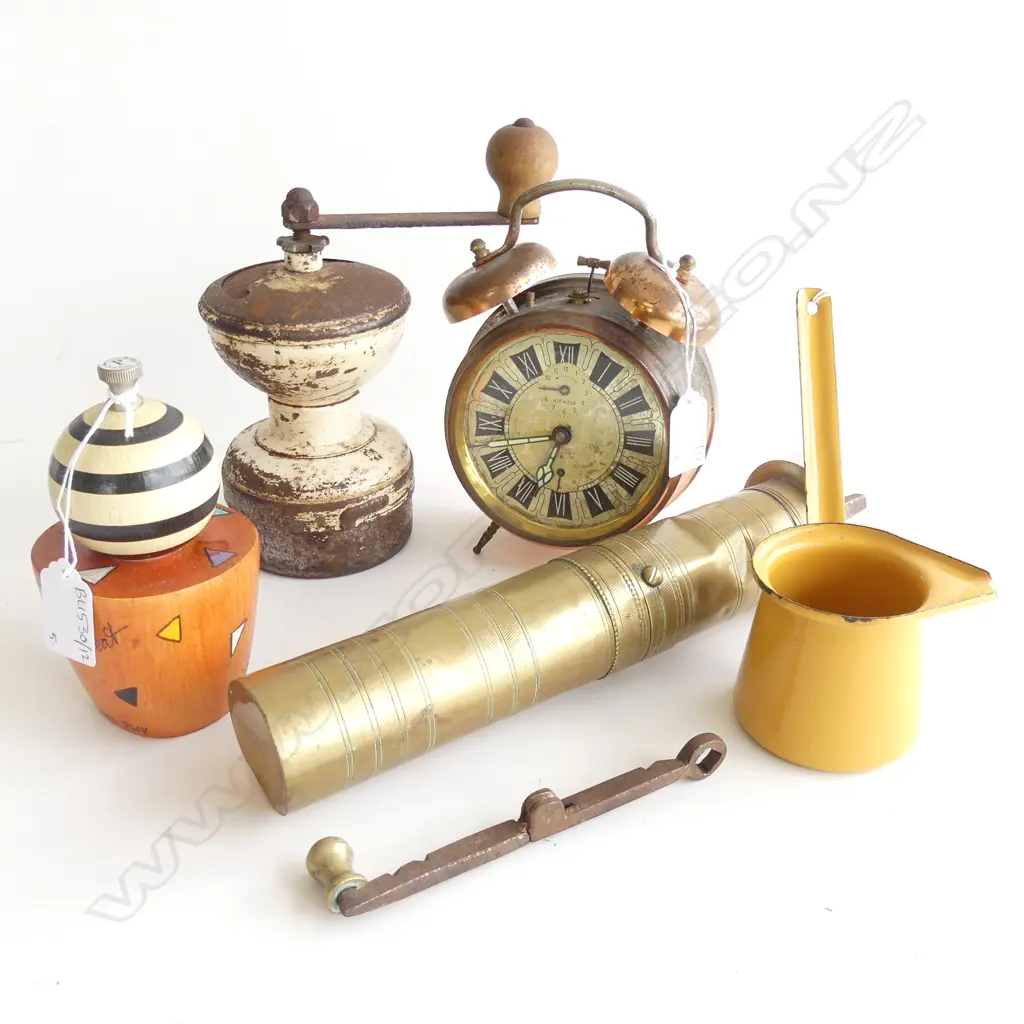 5 ASST. ITEMS; 3 GRINDERS; 2x COFFEE, PEPPER BY WOLFGANG PUCK, ENAMEL SYRUP POURER, COPPER ALARM CLOCK Image 1++