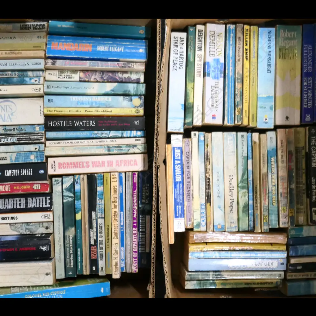 2 BOX LOTS BOOKS; PAPER BACK MILITARY NOVELS ETC Image 1++