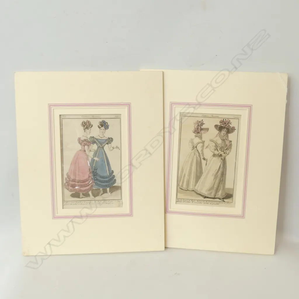 2 MOUNTED LATE 19THC FRENCH FASHION ENGRAVINGS H 180 MM Image 1++