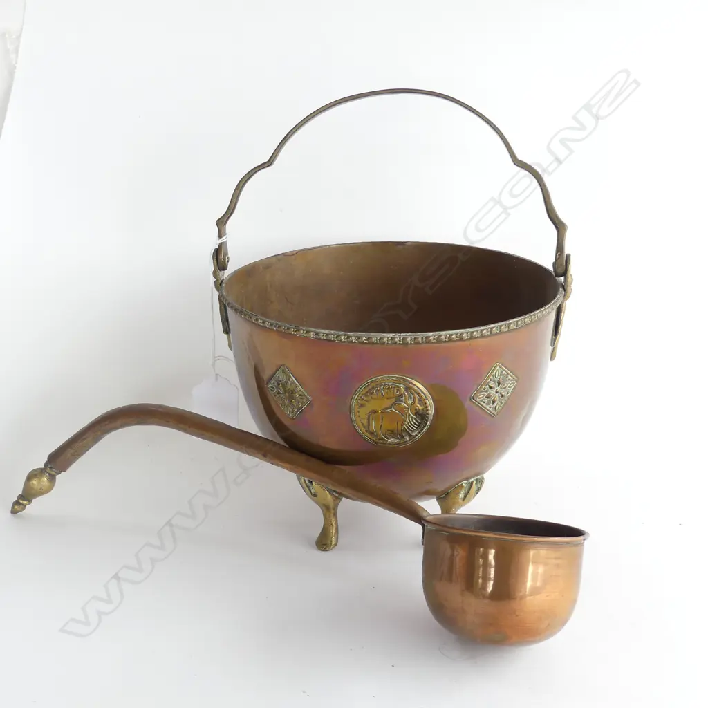 VINTAGE COPPER BOWL, BRASS SWING HANDLE, FEET & EMBELLISHMENTS DIA 170MM + COPPER LADLE L 315MM Image 1++