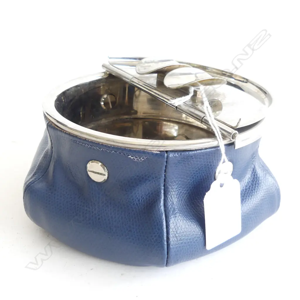 GIORGIO GIOBAGNARA FOR B HOME INTERIORS 'LAURENCE BEAN BAG' CIGAR ASHTRAY; BRASS PALLADIUM / BLUE LEATHER 1.2 KG  Image 1++