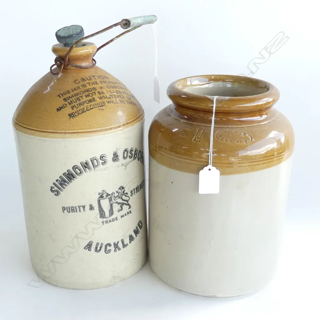 2 STONE CROCKS; SIMMONDS & OSBORNE AUCKLAND W STOPPER (H 360MM) & ONE OTHER (H 275MM) Image 1++