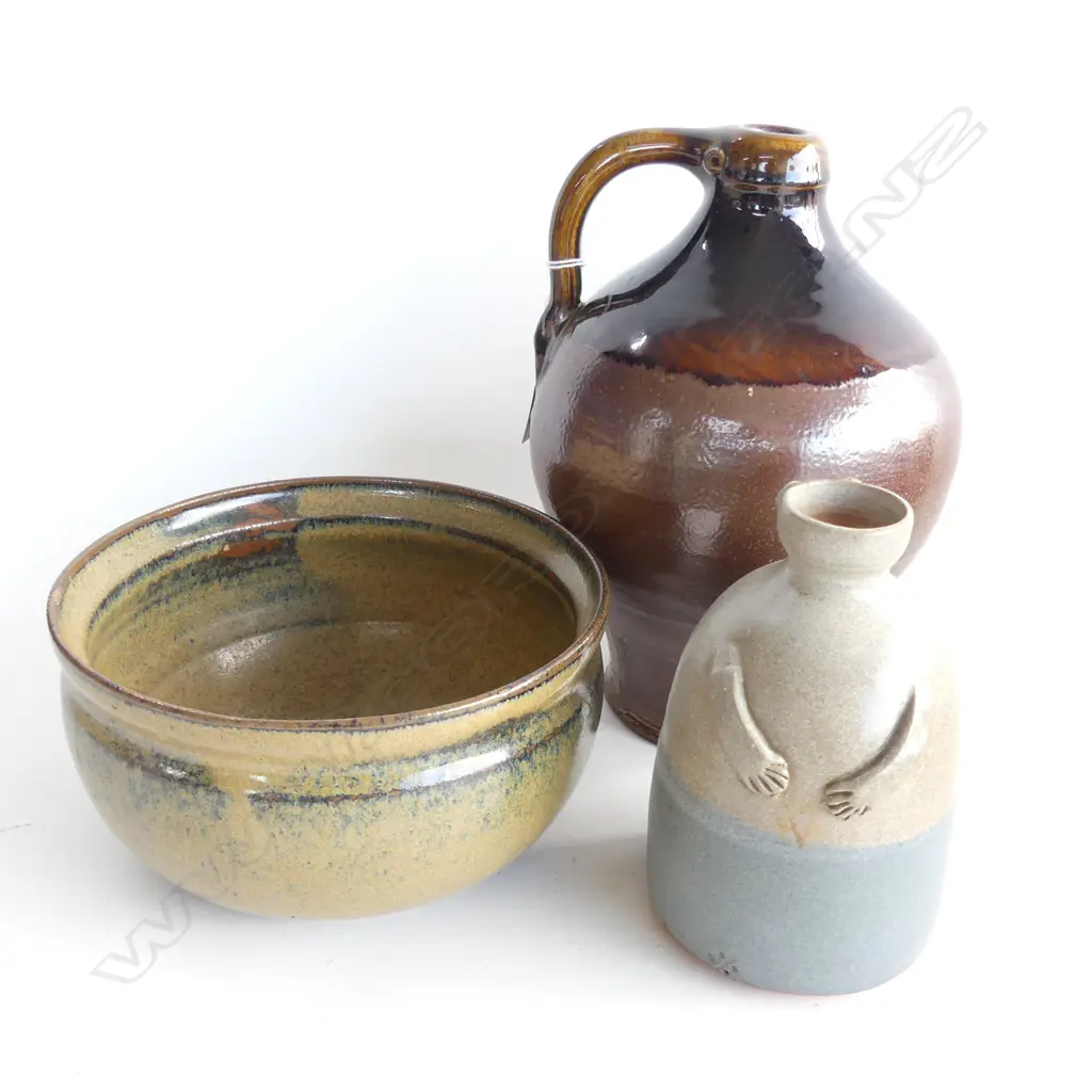 3 POTTERY ITEMS BOWL MARKED CB & SMALL JUG AS PERSON AND TALL BALLUSTER SHAPED FLASK Image 1++