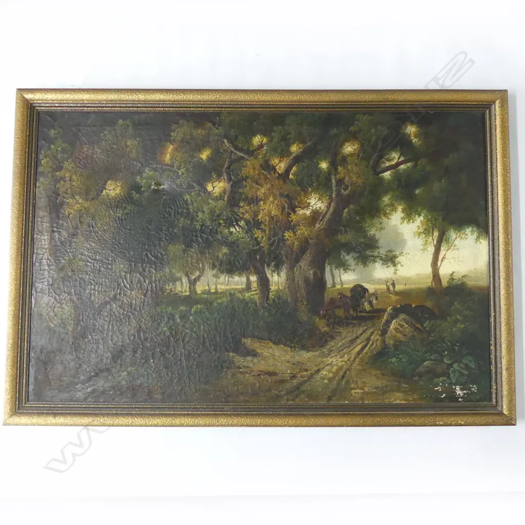 LG EUROPEAN OIL, LANDSCAPE WITH FIGURES, SIGNED, SOME PAINT LOSS, 680 x 1050mm  Image 1++