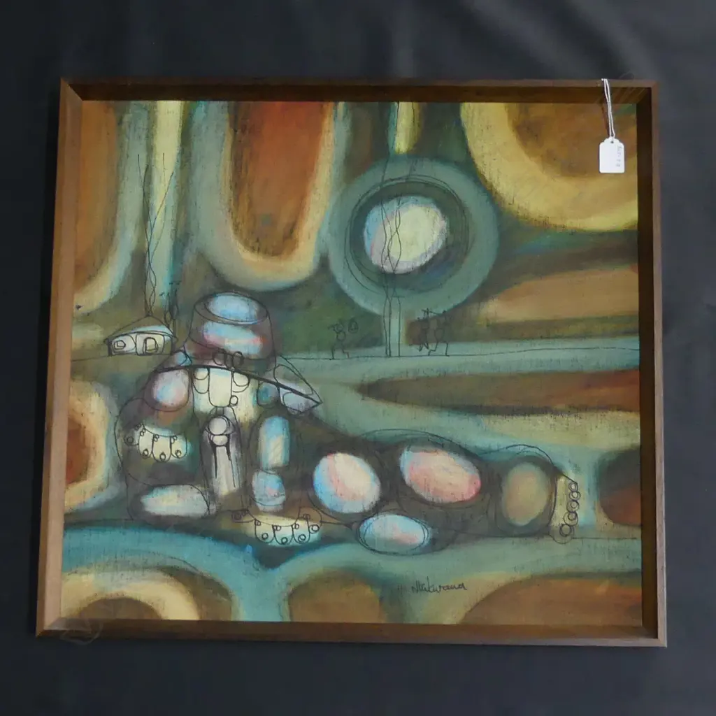 HARGREAVES NTUKWANA (1938-1999) OIL & INK ON BD, 'LAZY MAN WON'T WORK' SIGNED. 520 x 565mm Image 1++