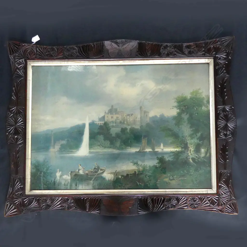 LGE EARLY 20thC CHROMOLITHOGRAPH LANDSCAPE IN CHIP CARVED FRAME 570x820mm Image 1++