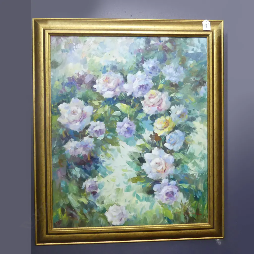 SIGNED FLORAL STILL LIFE IN BLOOM, ACRYLIC ON BOARD, SIGNED. 500 x 600mm Image 1++