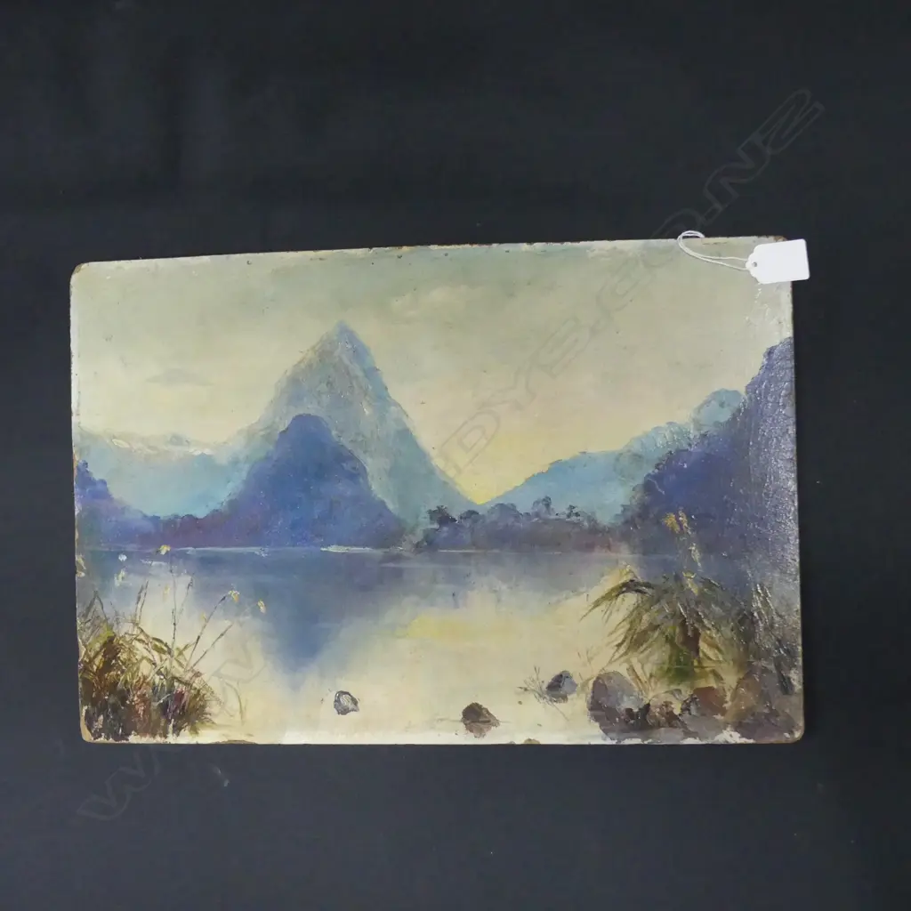 NZ SCHOOL 19thC, OIL ON BOARD, MITRE PEAK, UNFRAMED. 450 x 305mm Image 1++