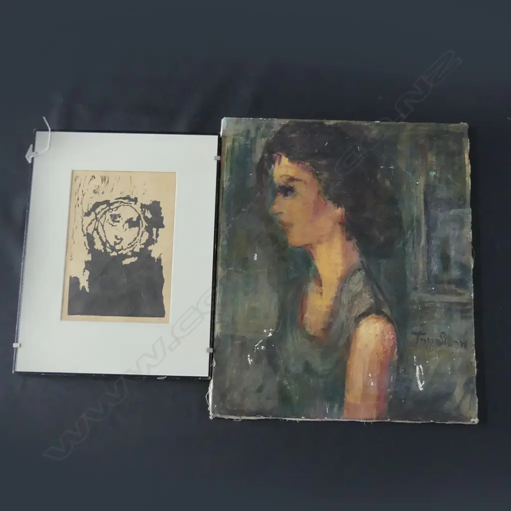 2 ARTWORKS; ABSTRACT PRINT & SIGNED UNFRAMED OIL PORTRAIT 550x460mm Image 1++