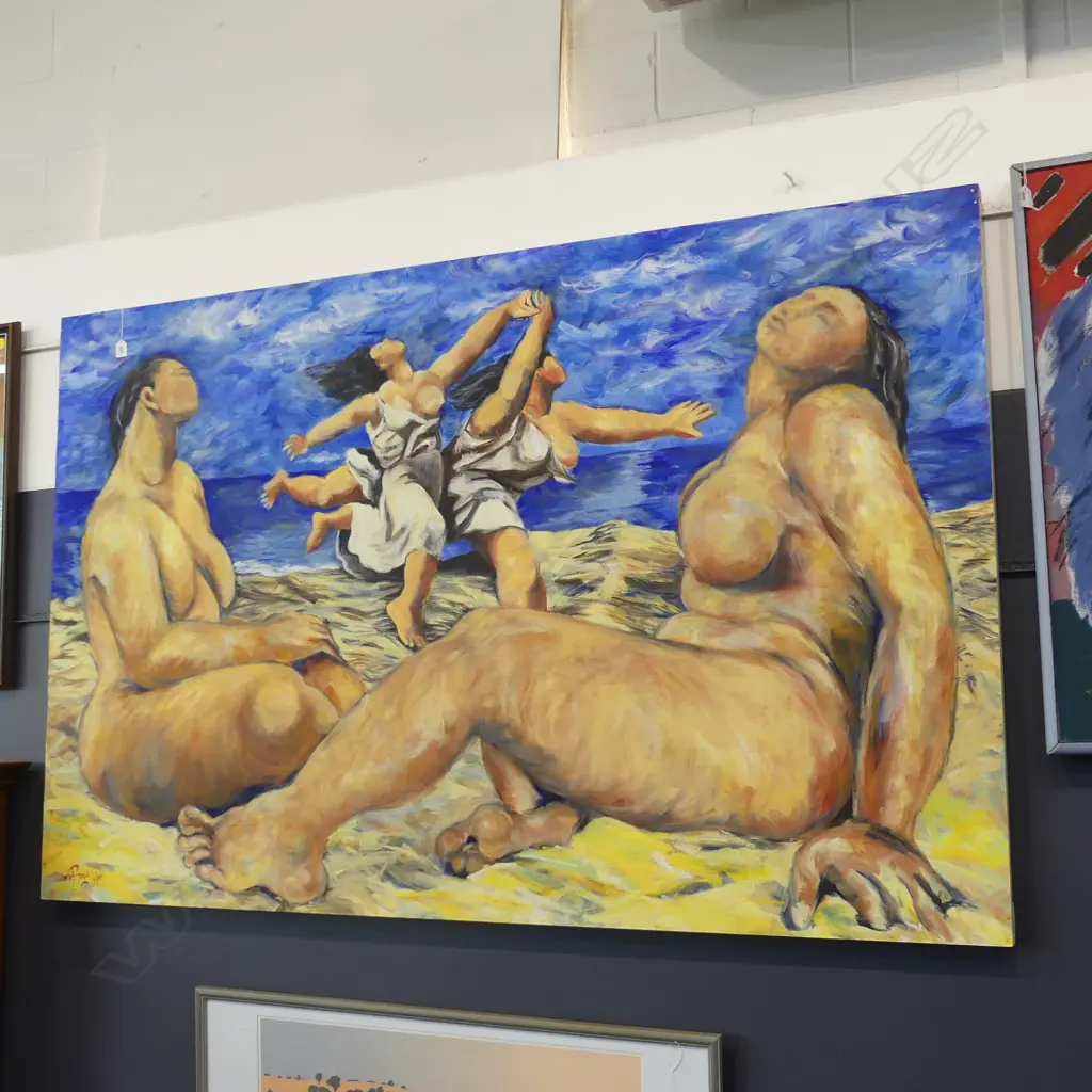 M BRYCE, NUDE LADIES ON BEACH, LG OIL ON BOARD, SIGNED 05/97, 1900 X 1220MM Image 1++