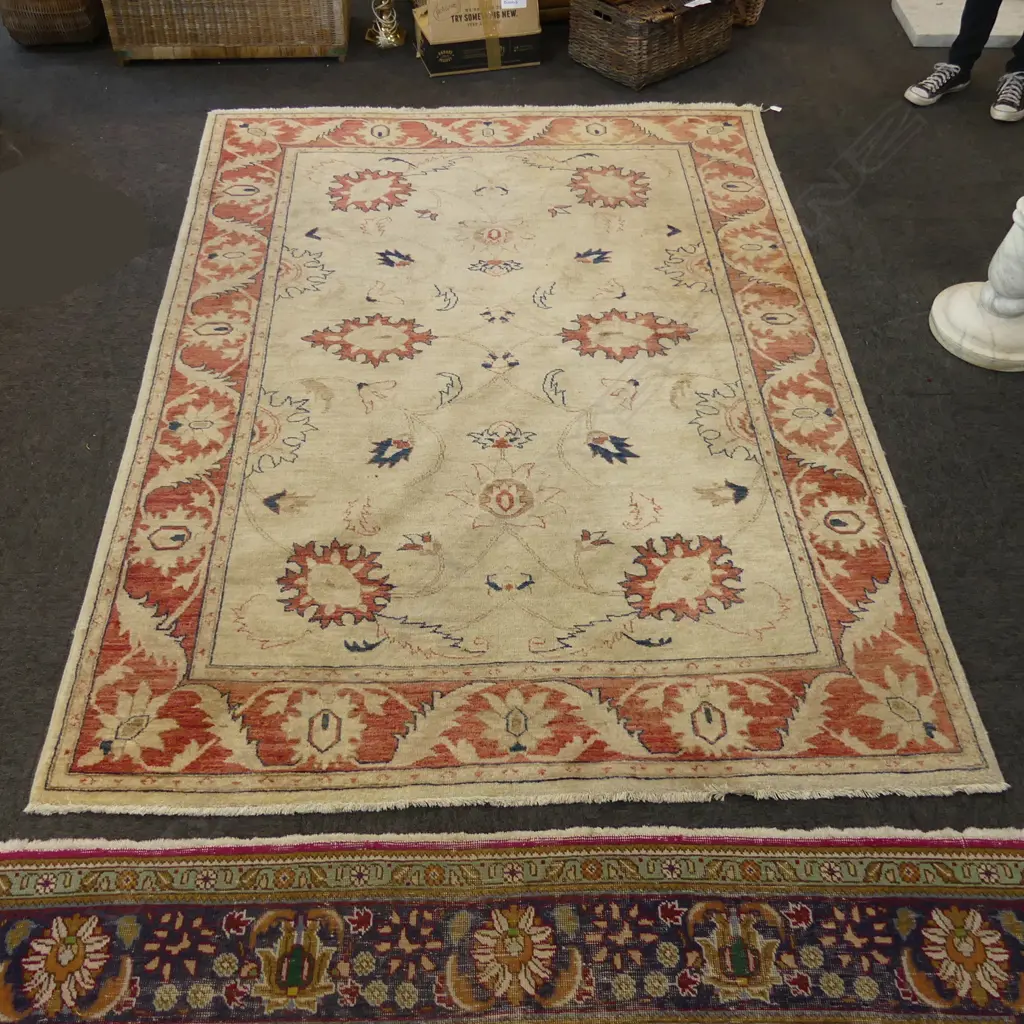 LRG HAND KNOTTED PALE WOOL PILE RUG w. RED BORDER 2500x1770mm Image 1++