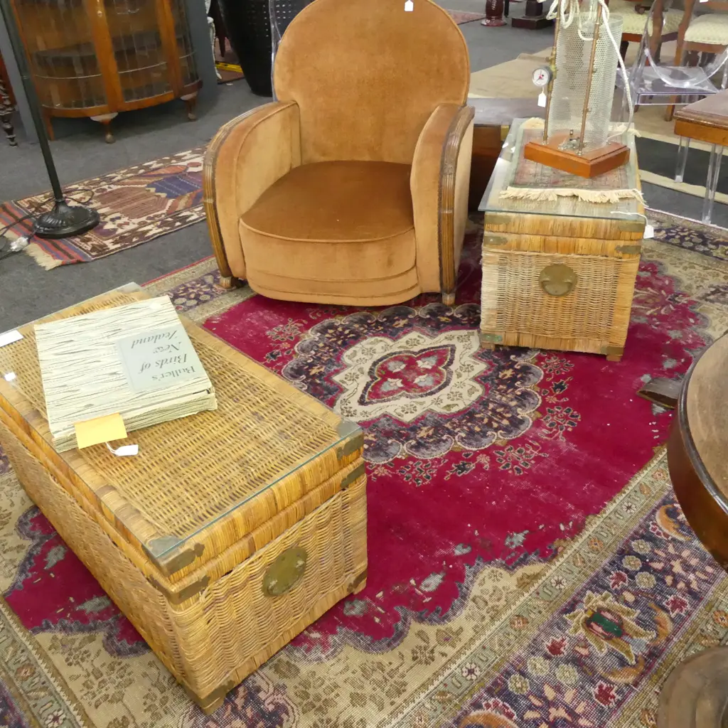 PR ORIENTAL WOVEN CANE CHESTS w. GLASS TOPS AS COFFEE TABLES 810x400x440mm Image 1++