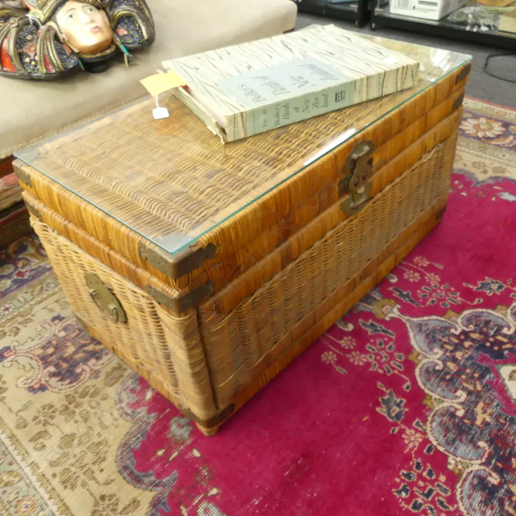 PR ORIENTAL WOVEN CANE CHESTS w. GLASS TOPS AS COFFEE TABLES 810x400x440mm Image 1++