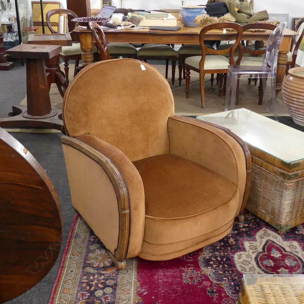 ART DECO TUB CHAIR  - VELVET WITH WOODEN DETAILED TRIMMING ON ARMS Image 1++