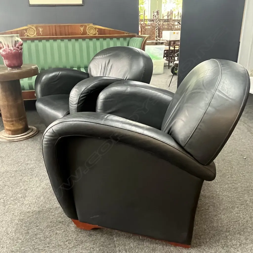 PR OF ART DECO INSPIRED BLACK LEATHER CLUB CHAIRS Image 1++