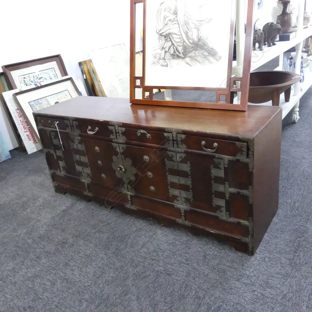 VINTAGE KOREAN CHEST w. 4 DRAWERS ABOVE WIDE DOUBLE DOOR 1060x310x445mm Image 1++