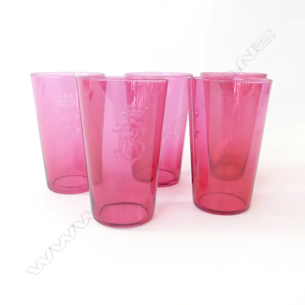 5 CRANBERRY GLASSES w. MONOGRAM H.90mm Image 1++