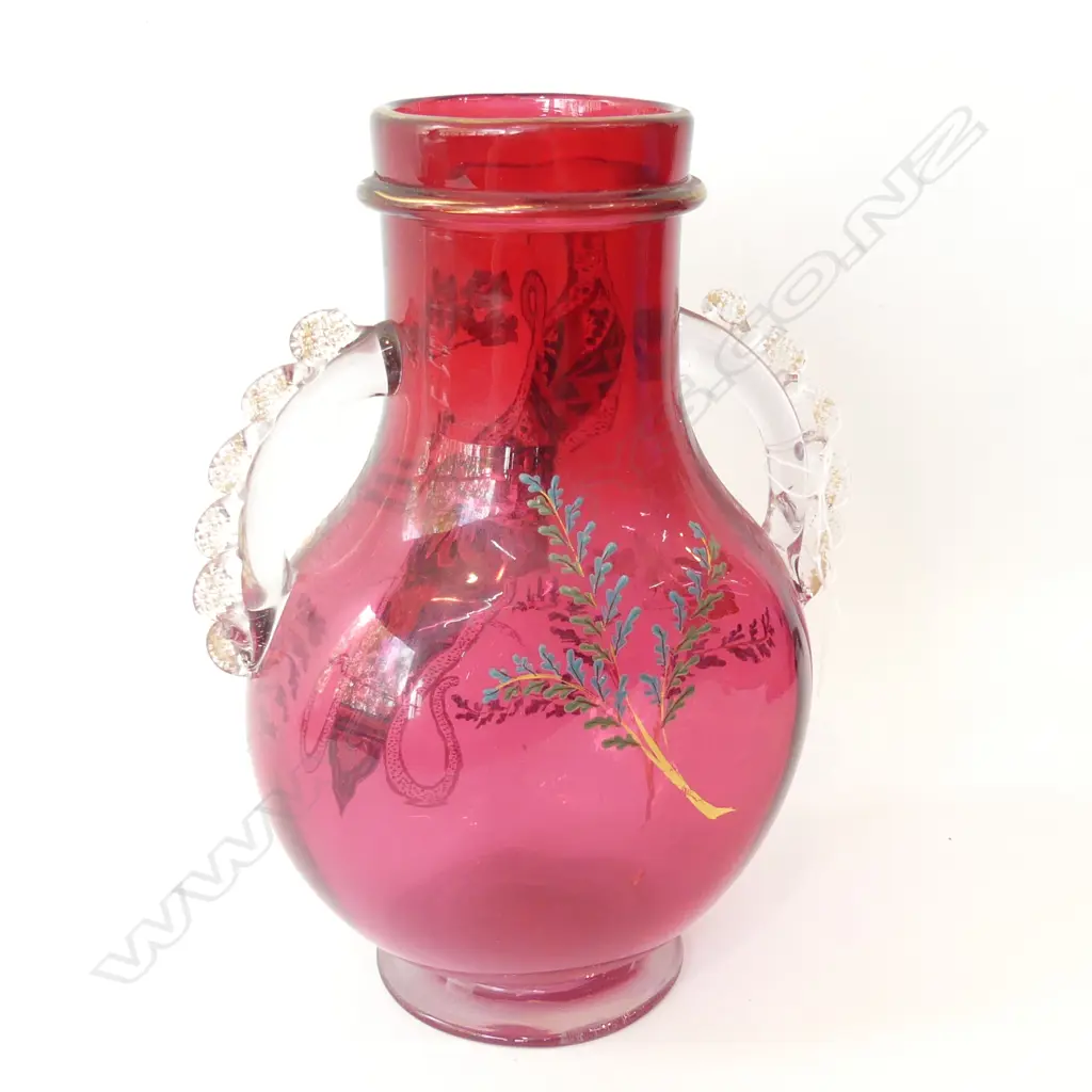 LG BOHEMIAN RUBY GLASS VASE, ENAMEL DECORATIONS & CLEAR GLASS APPLIED HANDLES H. 265MM Image 1++