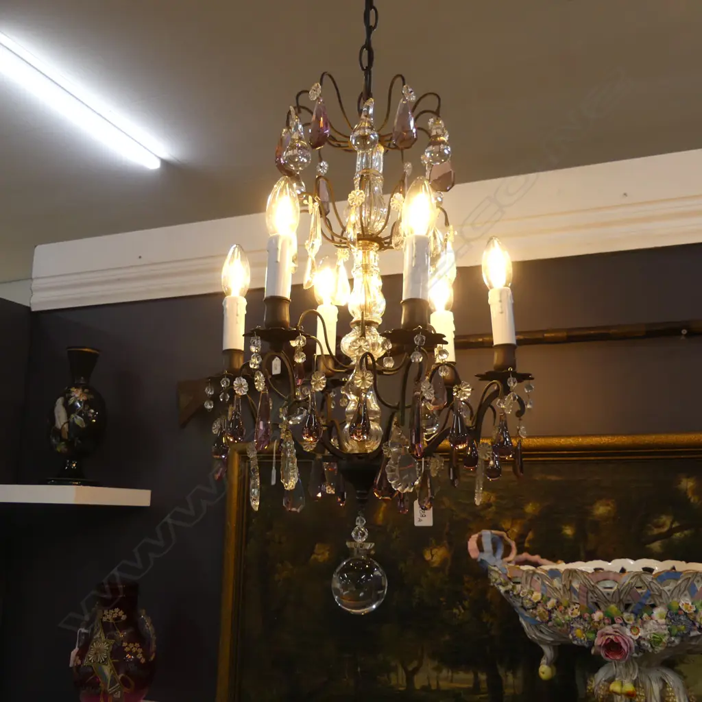 SIX BRANCH METAL AND CRYSTAL CHANDELIER  recently rewired and restored Image 1++