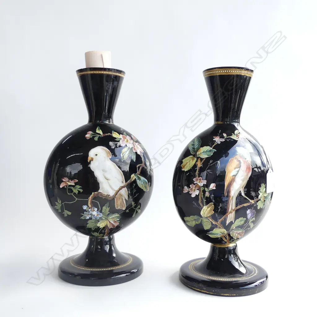 PR 19THC BOHEMIAN DARK PURPLE GLASS ENAMELLED VASES H.325mm Image 1++