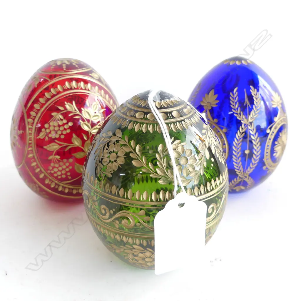 SET 3 RUSSIAN  'FABERGE'  STYLE GLASS EGGS ENGRAVED &  GILDED H.90mm Image 1++