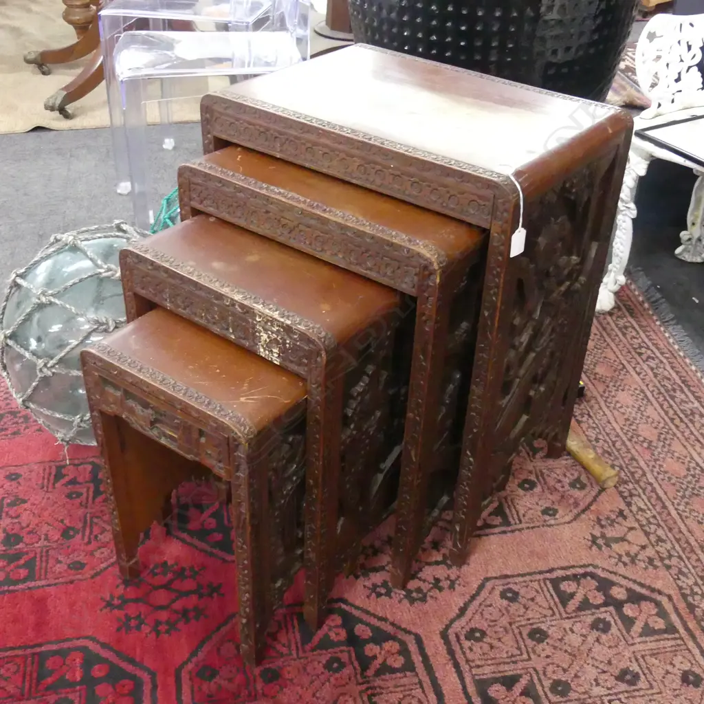 4 CHINESE CARVED WOODEN NESTING TABLES 510x350x635mm Image 1++