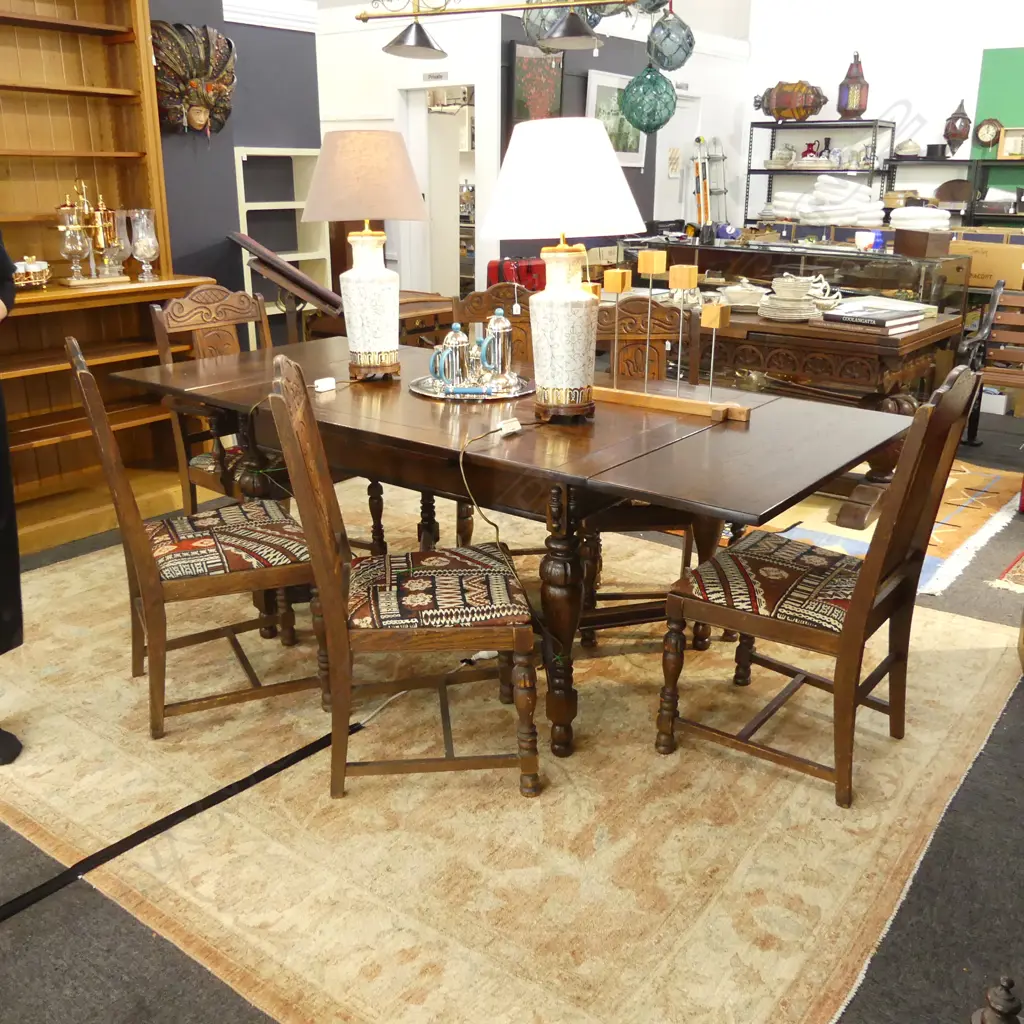 20s / 30s OAK DINING TABLE & 6 CHAIRS w. TAPA FABRIC SEATS Image 1++
