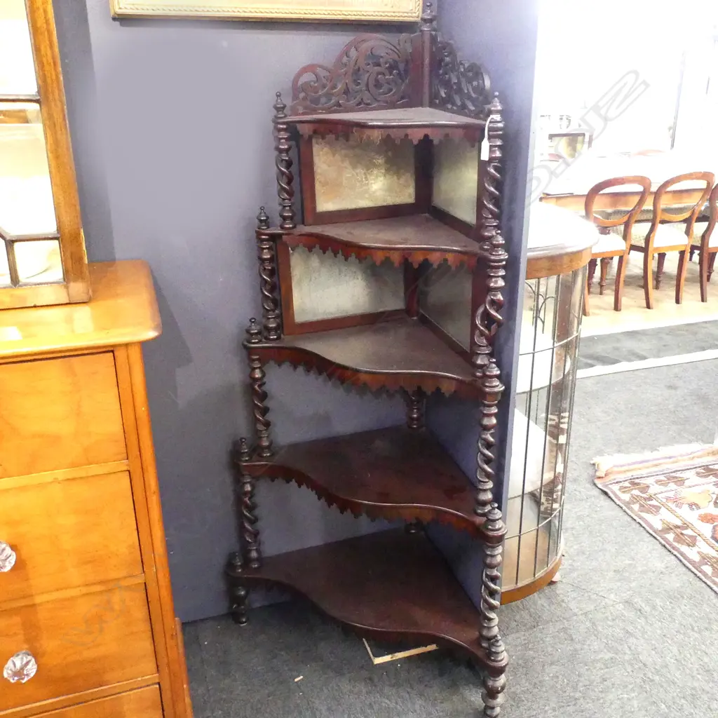 VICTORIAN MAHOGANY 5 TIER CORNER WHAT NOT SHELVES H.1530mm AF Image 1++