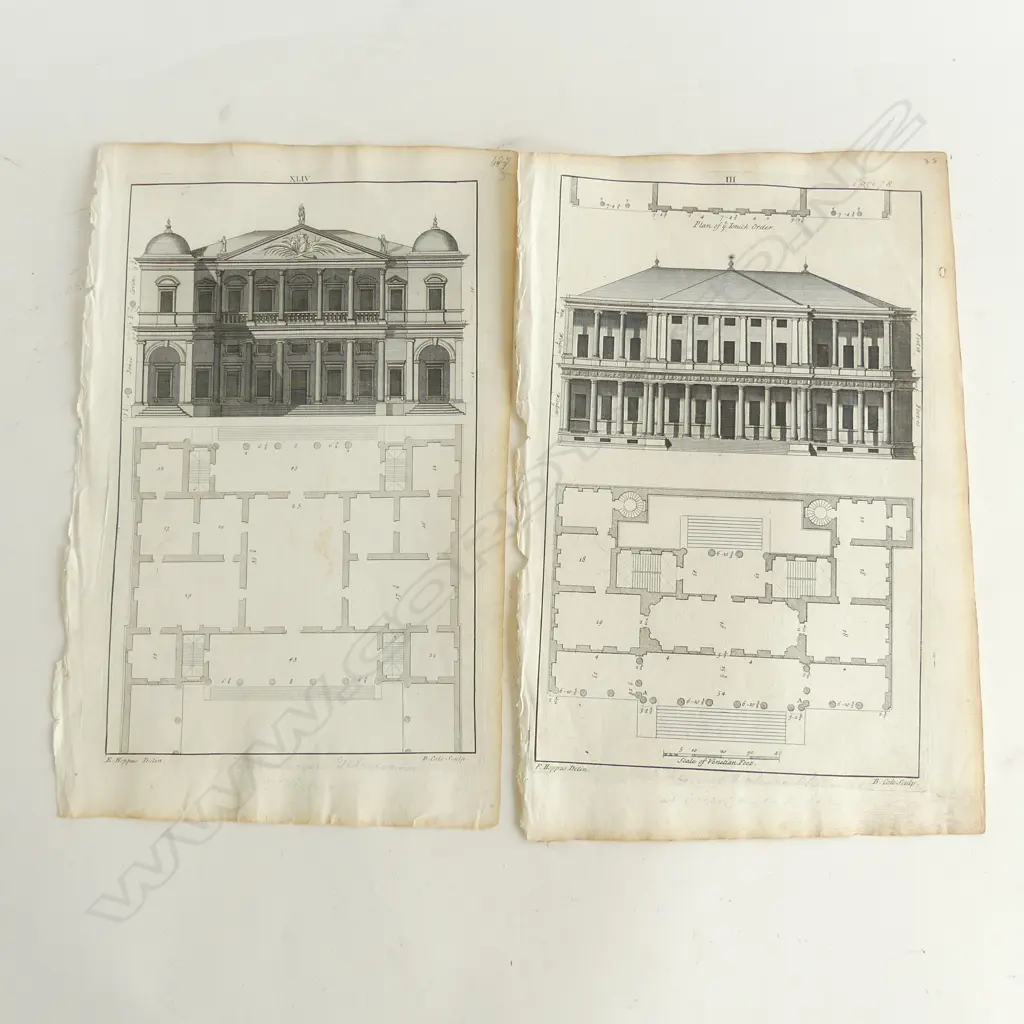 2 ARCHITECTURAL ENGRAVINGS FROM BENJAMIN COLE’S, ‘PALLADIO’S ARCHITECTURE’ PUBLISHED 1735. 300 X 200mm ea Image 1++