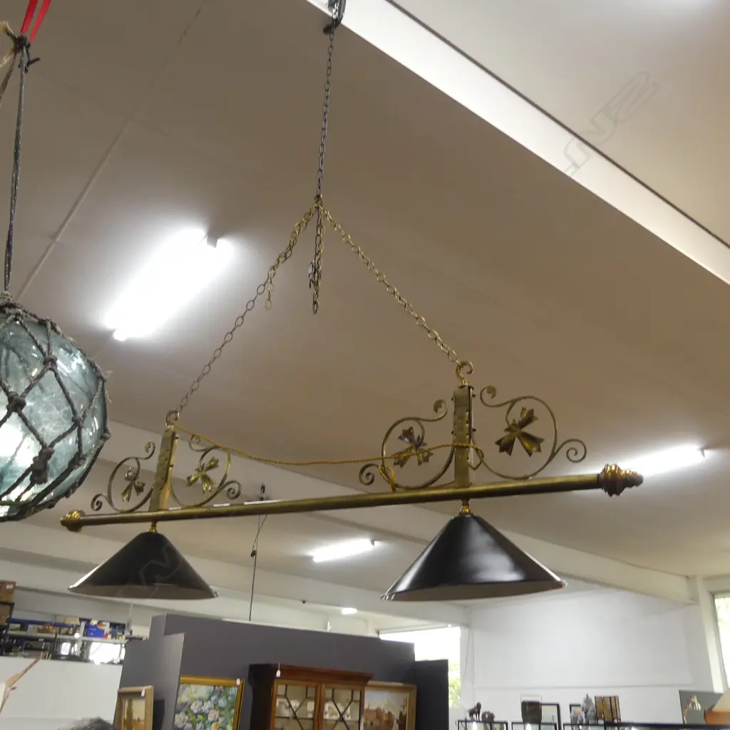 BRASS ROD CEILING LIGHT FITTING WITH TWO LAMP SHADES. W.1510mm Image 1++