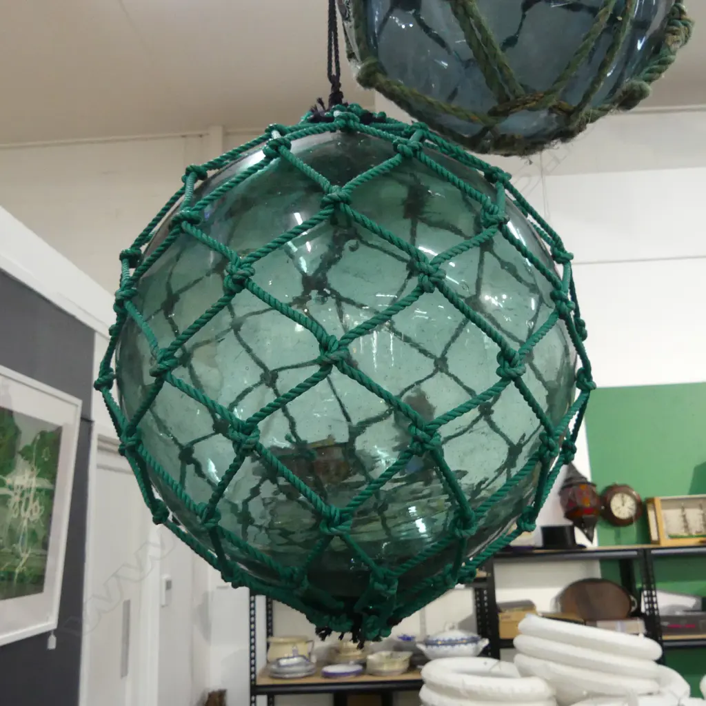 OLD JAPANESE HOKKAIDO GLASS BUOY W NETTING Dia.360mm. Image 1++