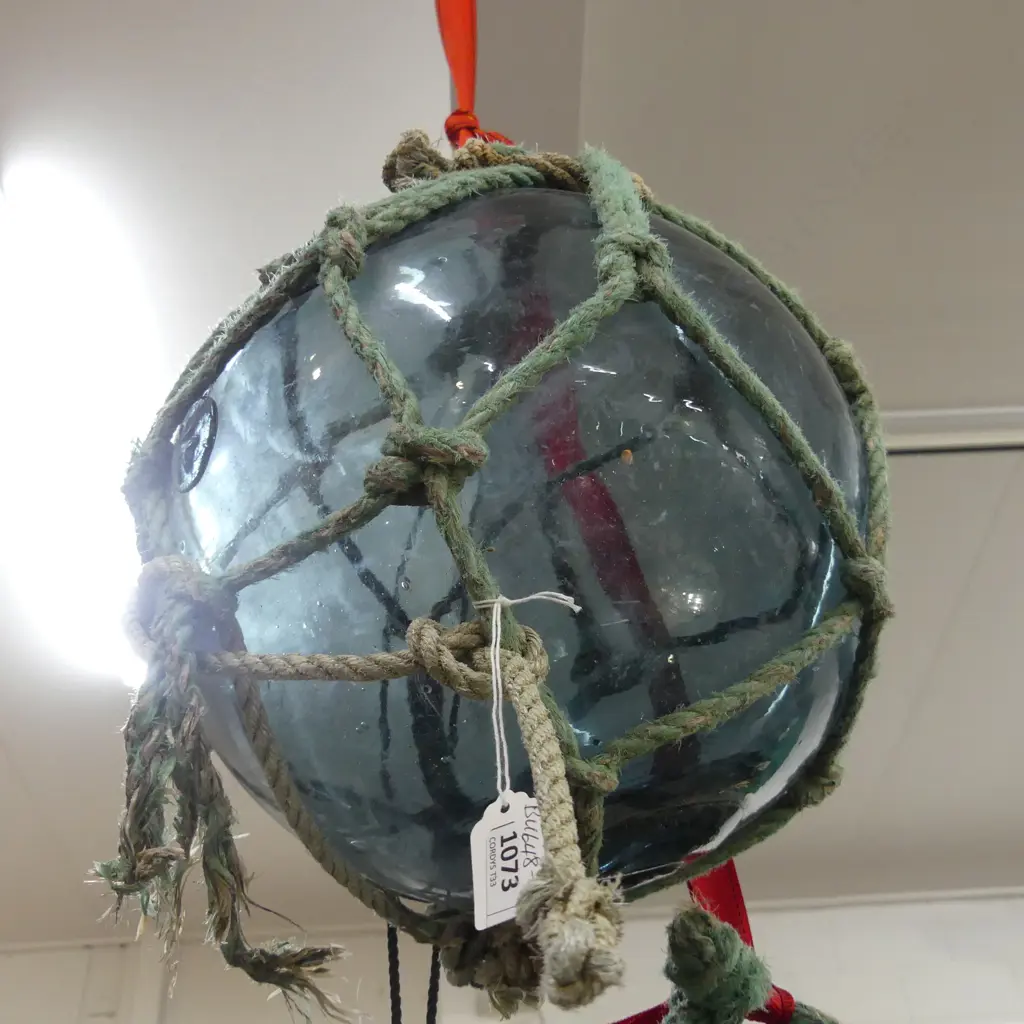 OLD JAPANESE HOKKAIDO GLASS BUOY W NETTING Dia.300mm. Image 1++