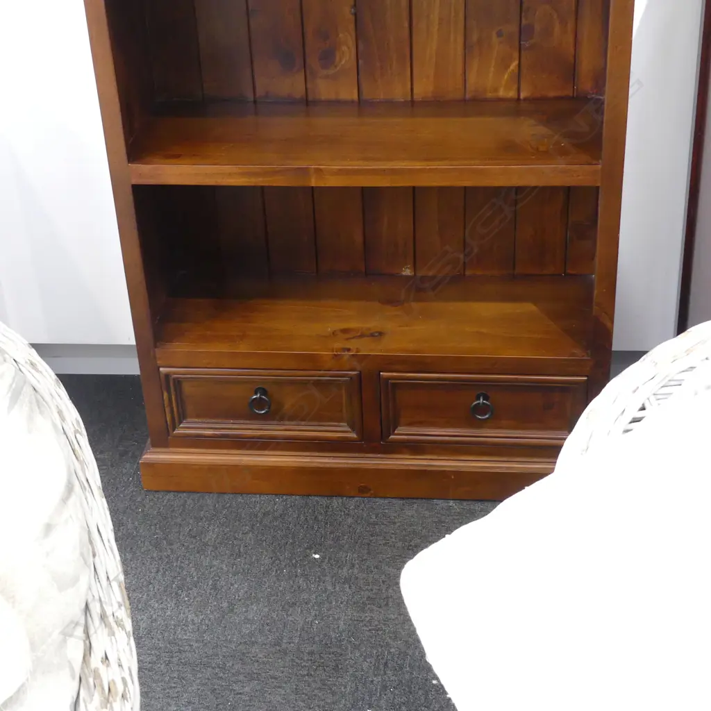 STAINED PINE BOOKCASE w. 5 SHELVES & 2 DRAWERS TO BASE 900x350x2100mm Image 1++