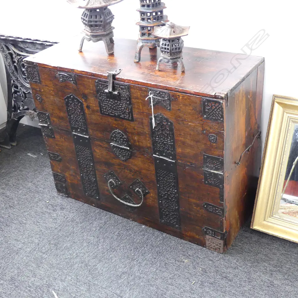 ORIENTAL WOODEN CHEST, DROP FRONT CUPBOARD & DRAWER - WROUGHT IRON DETAILING,L 860 H 760MM Image 1++
