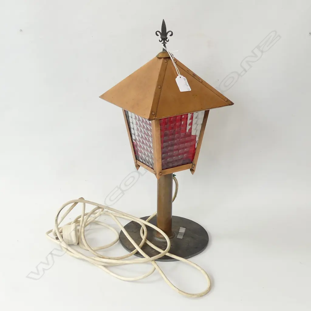COPPER & BRASS LAMP WITH RED GLASS PANELS H. 500MM Image 1++