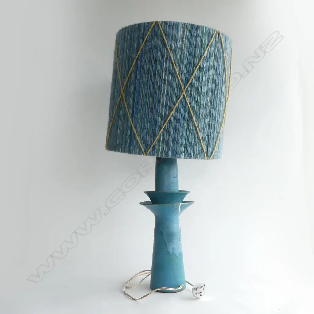 RETRO BLUE POTTERY LAMP w. WOOL SHADE H.760mm A/F Image 1++