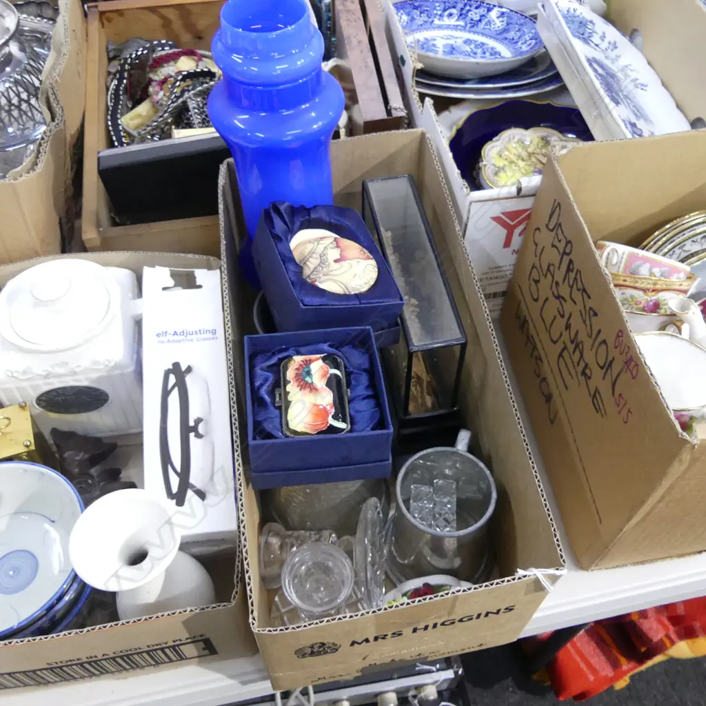 BOX LOT OLD TUPTON WARE, 3 PEWTER TANKARDS, BLUE GLASS VASE, ORIENTAL CORK LANDSCAPE ETC Image 1++