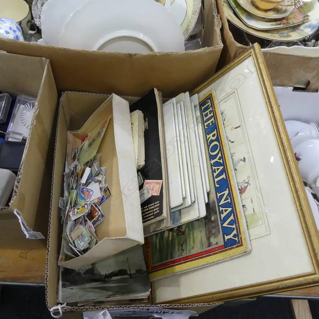 BOX LOT POSTCARDS, STAMPS, HORSE W/C PLACEMATS, RUGBY PRINT ETC Image 1++