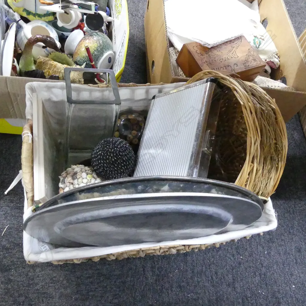 BASKET OF ASST.; DECORATIVE BALLS IN SHELL / SEEDS, CRACKLE GLAZE EGGS, 2 TALL GLASS VASES, TRAYS ETC Image 1++