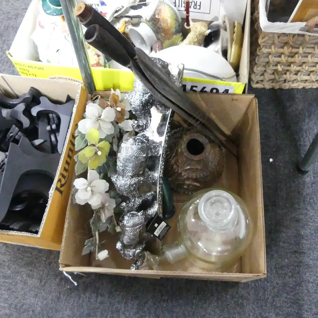 BOX LOT VINTAGE GLASS BOTTLE, FIJIAN CERAMIC BELL, JADE TREE, HAND PRINTED INDIAN COTTON FABRIC, RESIN ELEPHANTS ETC Image 1++