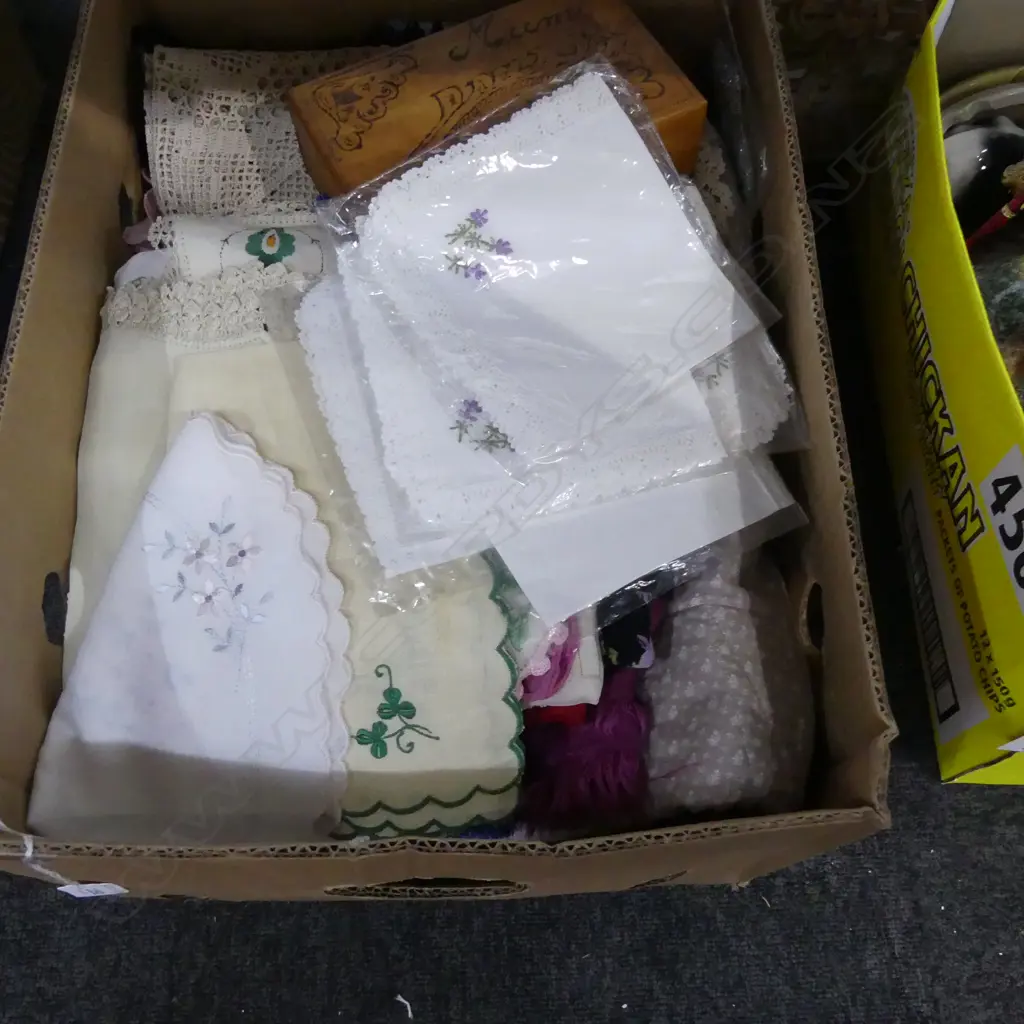 BOX ASST LINEN ETC.. + HAND TOOLED WOODEN TRINKET BOX Image 1++