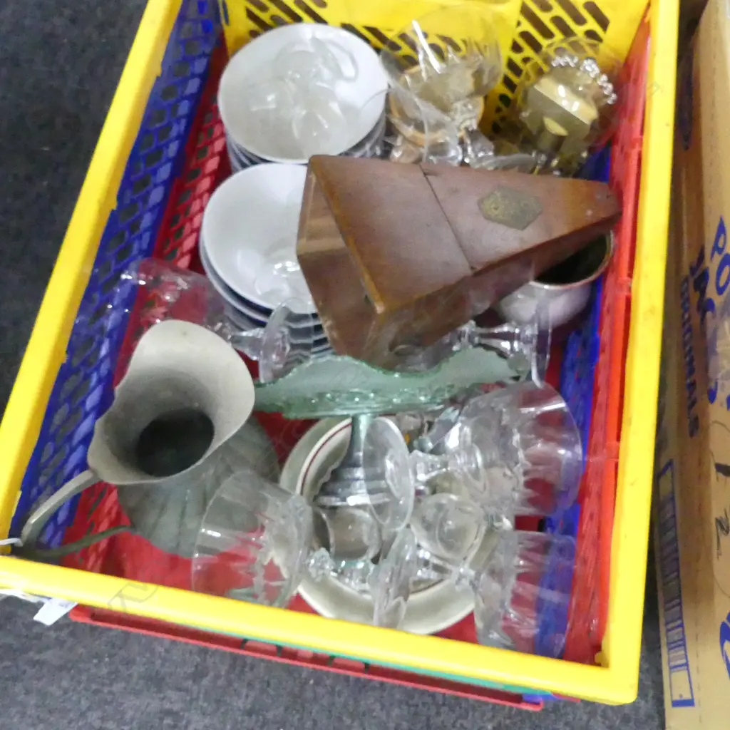BOX LOT ASST. GLASSWARE, METRONOME ETC Image 1++